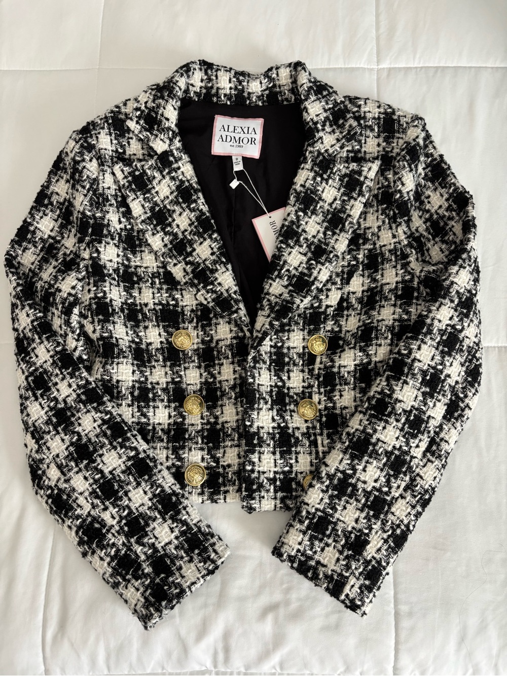 Alexia Admor Black & White Houndstooth Tweed Blazer Jacket Size 8 NWT